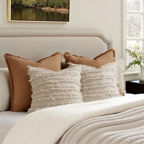 MIULEE Boho Linen Striped Throw Pillow Covers 18x18, Neutral Beige - color: Natural Beige, size: 18" x 18" (Pack of 2)