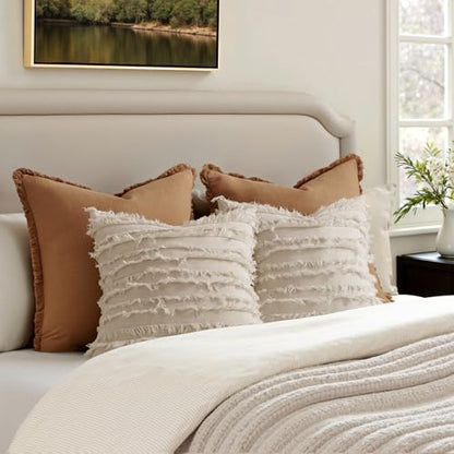 MIULEE Boho Linen Striped Throw Pillow Covers 18x18, Neutral Beige - color: Natural Beige, size: 18" x 18" (Pack of 2)