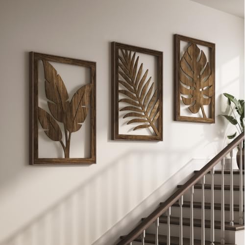 Large Framed Boho Cutout Carved Wood Wall Art for Living Room, 24x36 Inch - color: Walnut Color