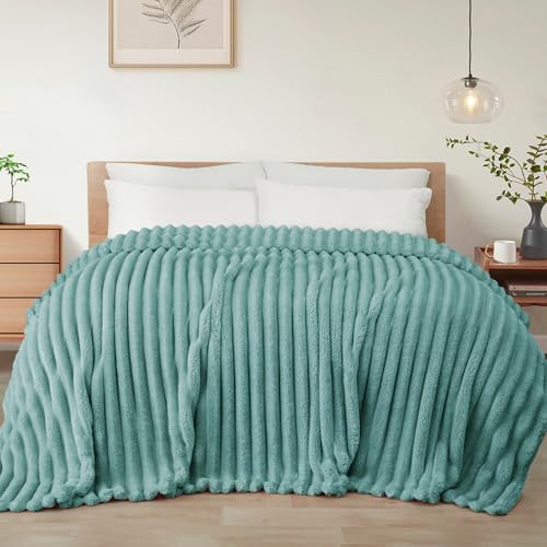 Exclusivo Mezcla Striped Queen Size Fleece Blanket for Bed, Couch, 90"x90" - color: Celadon, size: Queen ( 90x90 IN )