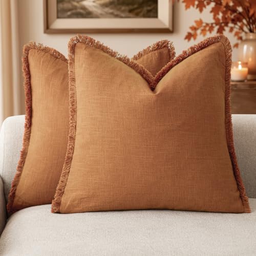 Foindtower Decorative Linen Fringe Throw Pillow Covers 16×16 Inch,Orange - color: Honey Ginder, size: 16" x 16" (Pack of 2)