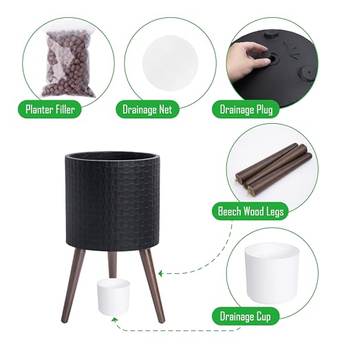 D'vine Dev Planter Pot with Wood Stand, 12 in, Matte Black, 88-Z-C-2 - color: Matte Black, size: Large