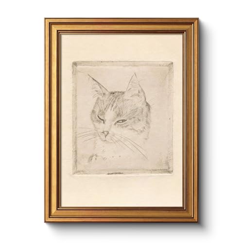 Vintage Minimalist Animal Portrait Artwork Cat Wall Art Gold Framed 12x16 - color: Hand-Drawn Sleeping Cat, size: 16"L x 12"W