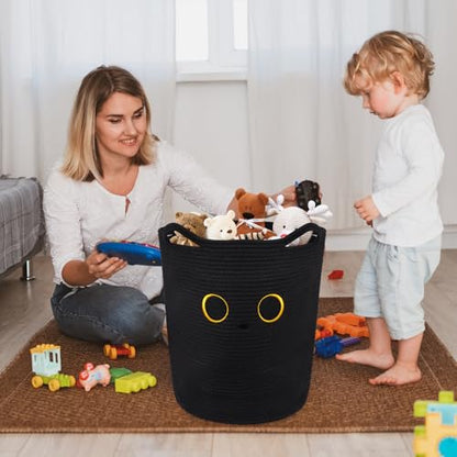Tall Black Cat Laundry Basket for Nursery, Cute Large Woven Cotton Rope - color: Black, size: 15 × 18 inches