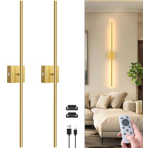 NIORSUN 35 Inch Battery Operated Wall Sconce Set of 2, 360° Rotation Gold Rechargeable Wall Lights with Detachable Tube and Remote, 3CCT Dimmable Wall Lamp for Living Room Bedroom Hallway - color: Gold, size: 35 Inch