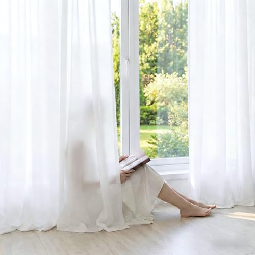 NICETOWN Non-See-Through Sheer Curtains 84 Inches Long 2 Panels Semi Sheer - color: Pure White, size: 52"W x 84"L (Pack of 2)