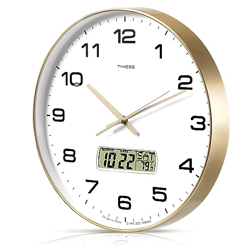 TIMESS Wall Clock, 14" Large Dial Non-Ticking Silent Battery Operated Analog with LCD Display for Perpetual Calendar and F° Temperature, Ideal Modern Home, Bedroom, Office Decor (Gold) - color: Gold, size: 14 Inch