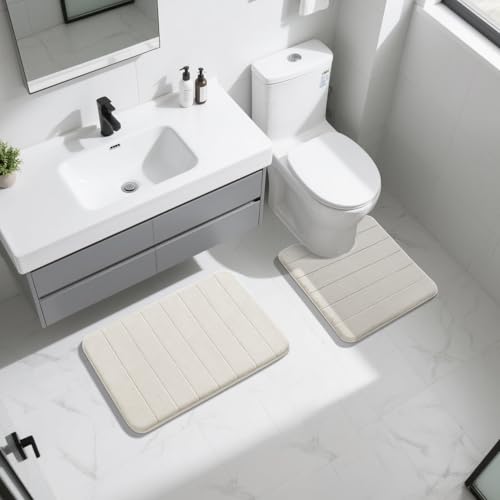 Yimobra Memory Foam Bathroom Mat Set, 31.5 x 20 & 24 x 20 in, Cream White - color: Cream White, size: 31.5x20+24x20 Inch