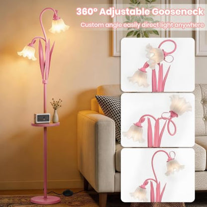 Pink Flower Floor Lamp with Table, Adjustable Floral Standing Lamp for Girl - color: Peach Pink