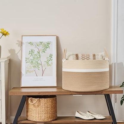 KAKAMAY Large Blanket Basket with Handles, Storage Basket for Living Room - color: White and Brown