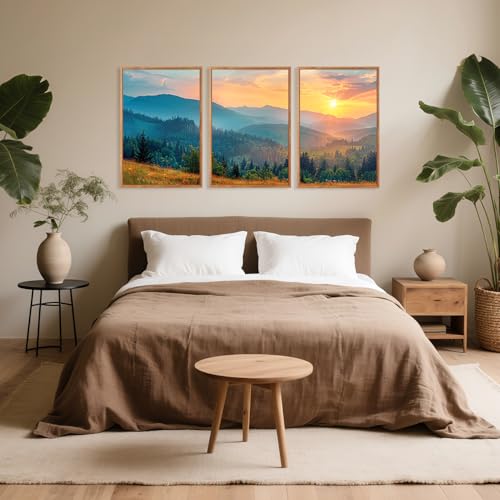 Aurlan 3 Pcs Mountain Sunset Framed Canvas Wall Art 16x24 Inch - color: Boho Mountain Sunset Landscape, size: 16"L x 24"W