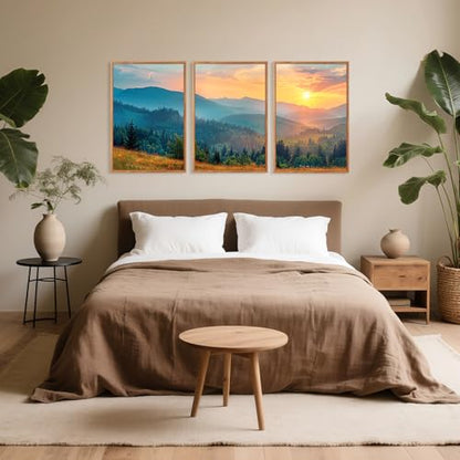 Aurlan 3 Pcs Mountain Sunset Framed Canvas Wall Art 16x24 Inch - color: Boho Mountain Sunset Landscape, size: 16"L x 24"W