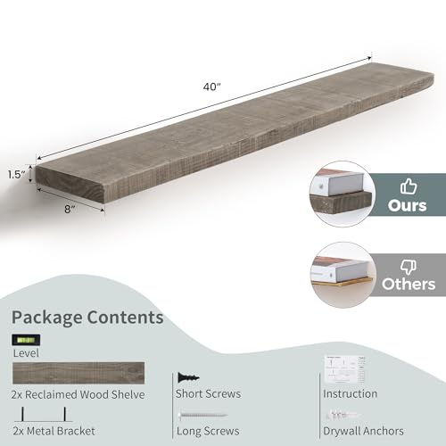 FLYJOE 44 Inch Long Solid Wood Floating Shelves for Wall,Reclaimed Wood Wall Shelf for Storage,8 Inch Deep Heavy-Duty Wall Mounted Shelves with Invisible Brackets for Living Room,Bedroom,Kitchen,Grey - color: Distressed Grey, size: 44inches-1P