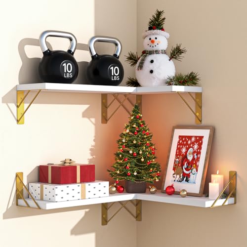 BAYKA Wall Mounted Floating Shelves (White and Gold, Set of 4, 16" Mixed) - color: B. White Board & Gold Brackets, size: 16 inches Mixed