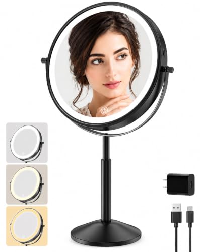 O'VANTAGE 9" Lighted Makeup Mirror with Lights, Rechargeable Cordless Vanity Mirror, 1X/10X Double Sided Magnification, CRI 97 True Daylight, Height Adjustable 15"-19", 3 Color Dimmable LED