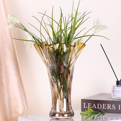 9.0" H Amber Glass Vases for Flower, Unique Hand Blown Glass Vase - color: Gold Amber