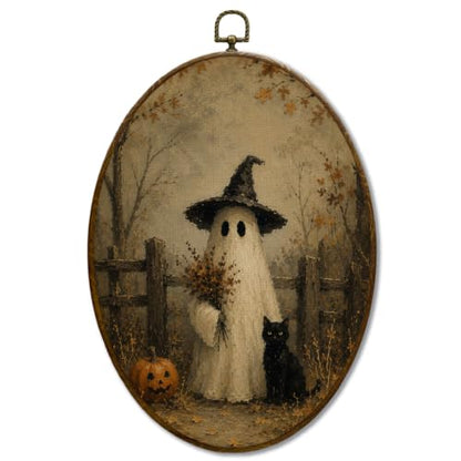 JQF Rustic Fall Halloween Ghost Oval Wall Decor Framed 8.5x11.5 Inch - color: ghost-5