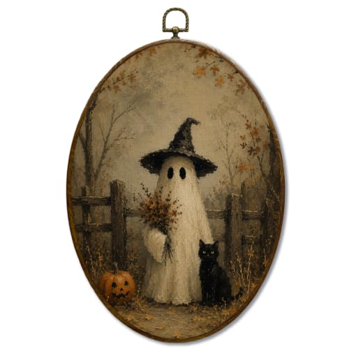 JQF Rustic Fall Halloween Ghost Oval Wall Decor Framed 8.5x11.5 Inch - color: ghost-5