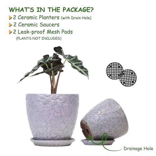 8 Inch + 6 Inch Retro Ceramic Planter Set of 2 with Drainage Hole and Saucer for Multiple Plants, Indoor-Outdoor Garden Pots for Succulent, Orchid, and Flower (Retro Purple) - color: Retro Purple, size: 8Inches+6Inches