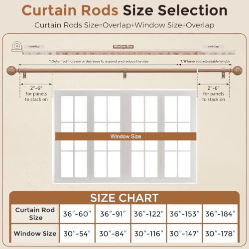 Curtain Rod 36-60 Inch, Boho Wood 1 Inch Curtain Rods for Windows - color: Natural Wood, size: 36''-60'' (1 Pack)