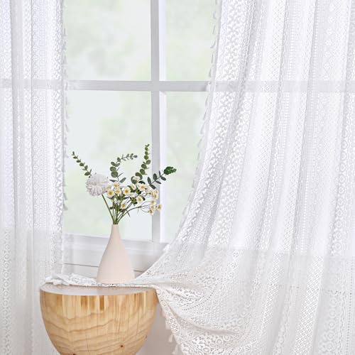 JOOJA Crochet Boho Lace Sheer Curtains 2 Panels Macrame Farmhouse Vintage Bohemian Window Drapes 59 x 84 Inches for Bedroom Living Room White - color: Crochet White, size: 59"W x 84"L (Pack of 2)
