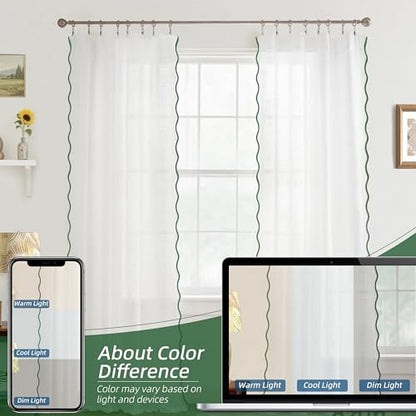DriftAway Semi Sheer Scalloped Edge White Coastal Beach Window Curtains for Living Room Bedroom 2 Panels Rod Pocket Each Size 52 Inch by 84 Inch Loden Green - color: White Loden Green, size: 52"W x 84"L (Pack of 2)