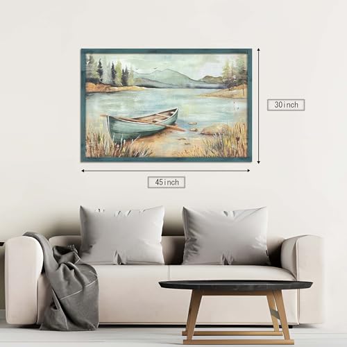 HILL WEST Rustic Nature Lake Boat Wooden Framed Wall Art, 45x30inch - color: Boat, size: 45"L x 30"W