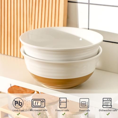 HASENSE Large Ceramic Serving Bowls Set of 2, 60 Oz 8.5 Inch White & Terracotta Stoneware Bowls, Farmhouse Bowls for Salad, Soup & Pasta, Dishwasher & Microwave Safe, Christmas Entertaining Dishes - color: White, size: 65 oz