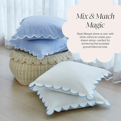 BEBE BASK Scalloped Pillow Cover Set of 2, 18x18, 100% Cotton - White/Blue - color: White/Blue