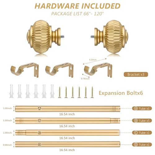 Gold Curtain Rods for Windows 66 to 120 Inches 1 Inch Adjustable - color: Gold, size: 66"-120"