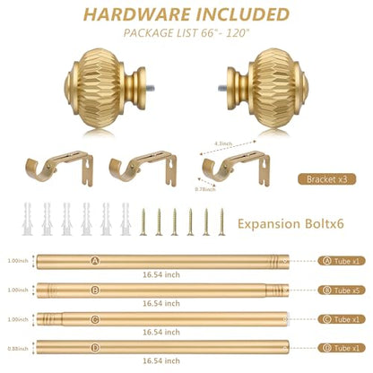 Gold Curtain Rods for Windows 66 to 120 Inches 1 Inch Adjustable - color: Gold, size: 66"-120"