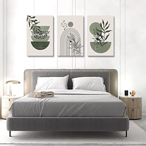 Sage Green Wall Posters & Prints, Green Boho Wall Art Set of 3, Minimalist Framed Wall Art Geometric Line Leaf Sun Moon Beige Green Canvas Artwork Paintings - color: Green Boho Prints, size: 16x24inchx3pcs