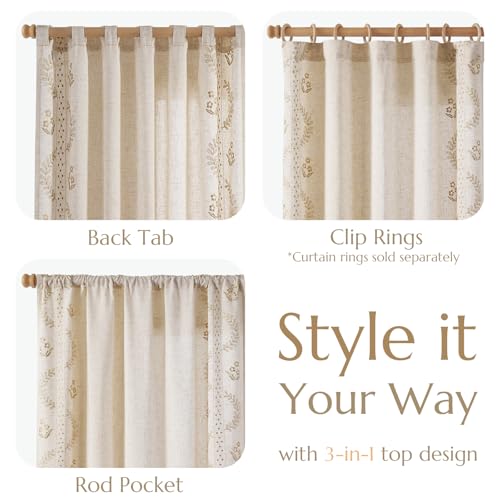 jinchan Floral Linen Curtains 72 Inch Farmhouse Back Tab 2 Panels - color: Beige, size: 50"W x 72"L (Pack of 2)