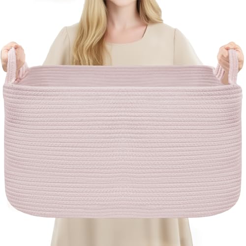 YOUDENOVA Large Blanket Basket, Rectangle Cotton Rope Storage Basket, Pink - color: Light Pink