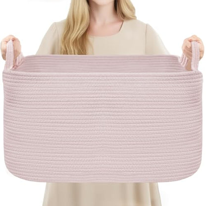 YOUDENOVA Large Blanket Basket, Rectangle Cotton Rope Storage Basket, Pink - color: Light Pink
