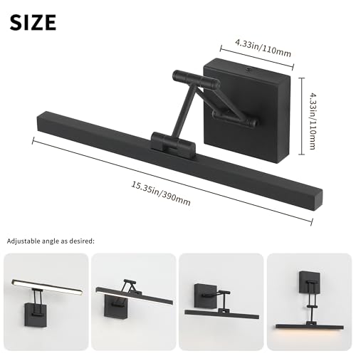 Hard-Wired Picture Light Dimmable LED Picture Lights for Paintings 15.7" Inch Black Metal Body Wall Pictures with Adjustable Swing Arm Art Display Lamps 7W 3000K Warm White Book Light - color: Hard-Wired Black-square base, size: 15.7inch Dimmable