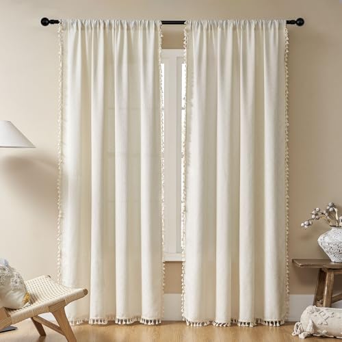 Joydeco Linen Beige Boho Curtains 96 Inch, 2 Panels with Tassels - color: Beige, size: 52"W x 96"L (Pack of 2)