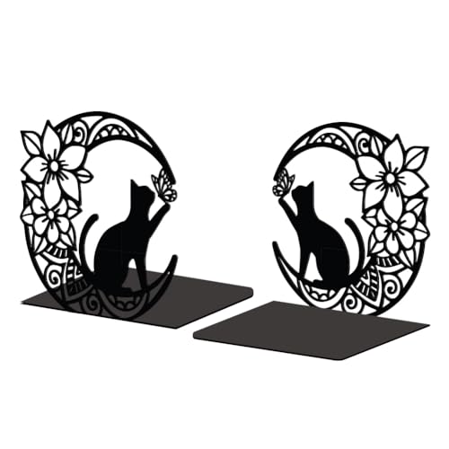 Peacoblue 5.3"x4.3"x5.3" Metal Bookends, Heavy Duty Book Ends for Shelves - style: Moon with Cat and Flower