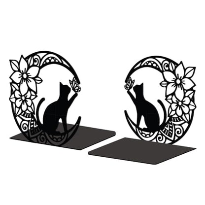 Peacoblue 5.3"x4.3"x5.3" Metal Bookends, Heavy Duty Book Ends for Shelves - style: Moon with Cat and Flower