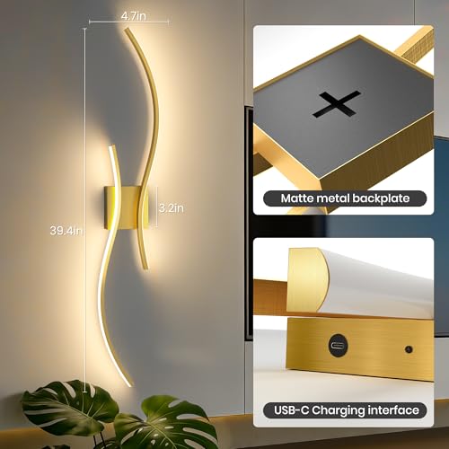 10000mAh Battery Operated Wall Sconces Set of 2, Gold, 39.4 Inch - color: Gold, size: 39.4in