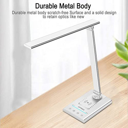AFROG 5th Gen Multifunctional LED Desk Lamp with 10W Fast Wireless Charger, USB Charging Port,1800Lux Super Bright,5 Lighting Mode,7 Brightness, Touch Control, Auto Timer, 15W Office Table Lamp - color: White 5.0 Pro