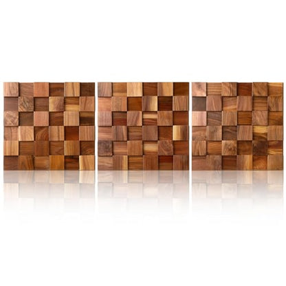 RattanView 3 Pcs 3D Rustic Wood Wall Art Mosaic Block Panel 11.8"x11.8"