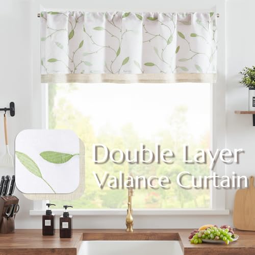 jinchan Sheer Valance Curtain Sage Green Leaf Embroidered 18 Inch 1 Panel - color: Leaves | Green on White