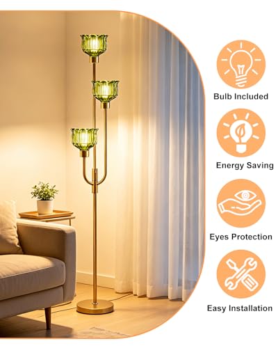 3-Light Glass Floor Lamp 66IN Modern Green Glass Gold Dimmable Floor Lamps - color: Green Tulip-Gold