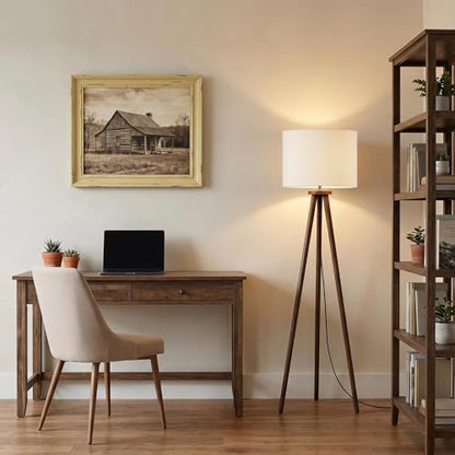 Buruis 60.6 Inch Walnut Wood Tripod Floor Lamp with Linen Drum Shade, Cream - color: Cream