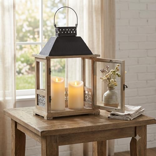 Rectangular Wooden Black Metal Top and Galvanized Accent Decorative Lantern, Brown