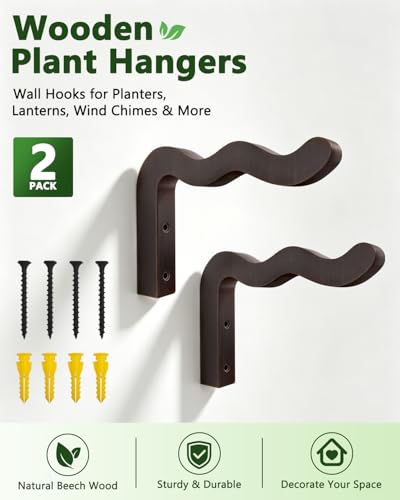Wavy Plant Hanger Hooks – 2 Pack Rustic Wooden Wall Mounts for Indoor/Outdoor Use, Ideal for Hanging Baskets, Lanterns, and Bird Feeders – Decorative Brackets for Patio and Balcony - style: 5-Wavy Style(2Pack)