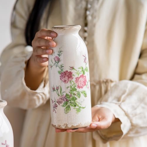 Teweiqi Ceramic Rustic Farmhouse Vase, Distressed Floral Pattern, Holds Water, With Handle, 7.8 inches - color: Pink Flora, size: 8 Inch