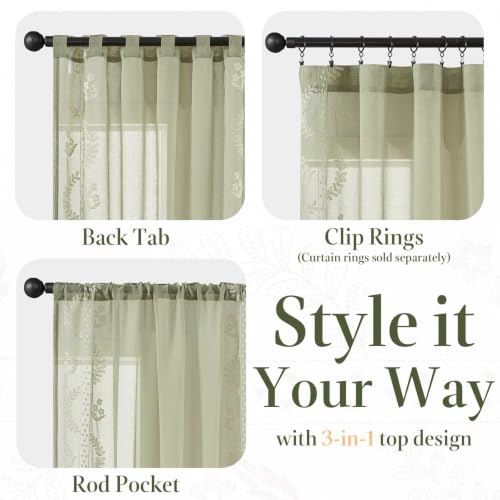 jinchan Floral Sheer Curtains, Back Tab 50x84 Inch, 2 Panels Green - color: S | Green, size: 50"W x 84"L (Pack of 2)
