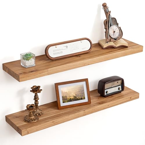 Floating Shelves for Wall, 8" Deep Elm Wood Shelves, 32in Set of 2, Natural - color: Natural, size: Flat Edge, 32inch, 2Packs